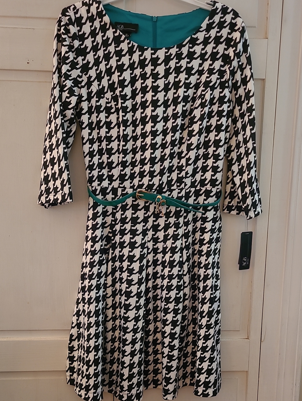 AGB Black & White Houndstooth Fit-and-Flare Dress with Teal Trim